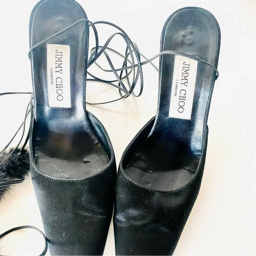 JIMMY CHOO Classic Black Pointy Toe Open Fur Pom Tie Wrap Heeled Mules Shoes 36